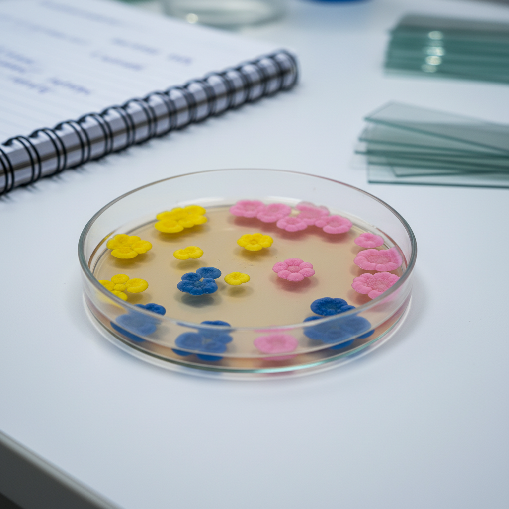 A close-up photographic scene of a transparent petri dish filled with colorful bacterial colonies, each forming distinct round clusters of yellow, pink, and deep blue on a pale agar surface. The dish sits on a matte white lab bench, with blurred scientific notebooks and neatly stacked glass slides in the background. Overhead cool LED lighting creates crisp reflections on the petri dish rim and gentle shadows beneath. The atmosphere is curious and investigative, suggesting student-led experimentation. Captured at eye level with a macro lens, the composition follows the rule of thirds, highlighting the diverse colony patterns while the background softens into clean, modern bokeh for a professional educational blog aesthetic.