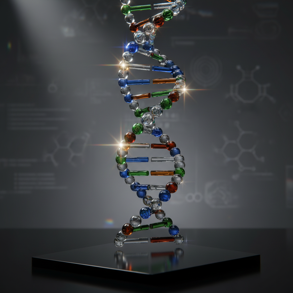A highly detailed, photographic rendering of a DNA double helix model made from clear and colored glass segments, twisting elegantly in mid-air. The helix floats above a sleek black surface in a minimalist studio environment, with only a faint outline of scientific diagrams softly blurred in the background. A single directional spotlight from the upper left creates dramatic side lighting, casting intricate reflections and subtle rainbow highlights through the glass while leaving gentle shadows on the surface below. The mood is sophisticated, modern, and inspiring, evoking cutting-edge molecular biology. Shot from a low-angle perspective to emphasize scale and importance, with a shallow depth of field that keeps the helix razor-sharp against a dark, velvety background.