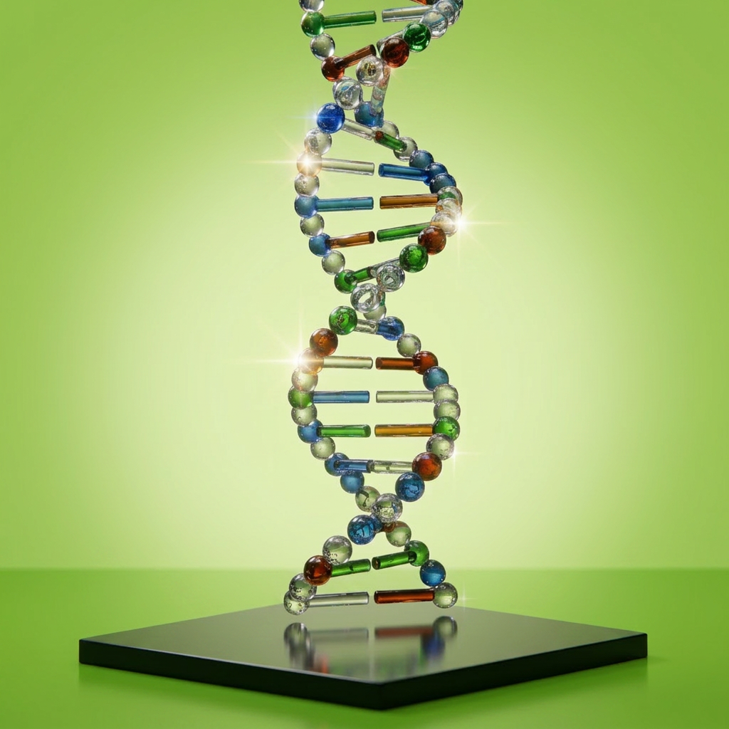 A highly detailed, photographic rendering of a DNA double helix model made from clear and colored glass segments, twisting elegantly in mid-air. The helix floats above a sleek black surface in a minimalist studio environment, with only a faint outline of scientific diagrams softly blurred in the background. A single directional spotlight from the upper left creates dramatic side lighting, casting intricate reflections and subtle rainbow highlights through the glass while leaving gentle shadows on the surface below. The mood is sophisticated, modern, and inspiring, evoking cutting-edge molecular biology. Shot from a low-angle perspective to emphasize scale and importance, with a shallow depth of field that keeps the helix razor-sharp against a dark, velvety background.