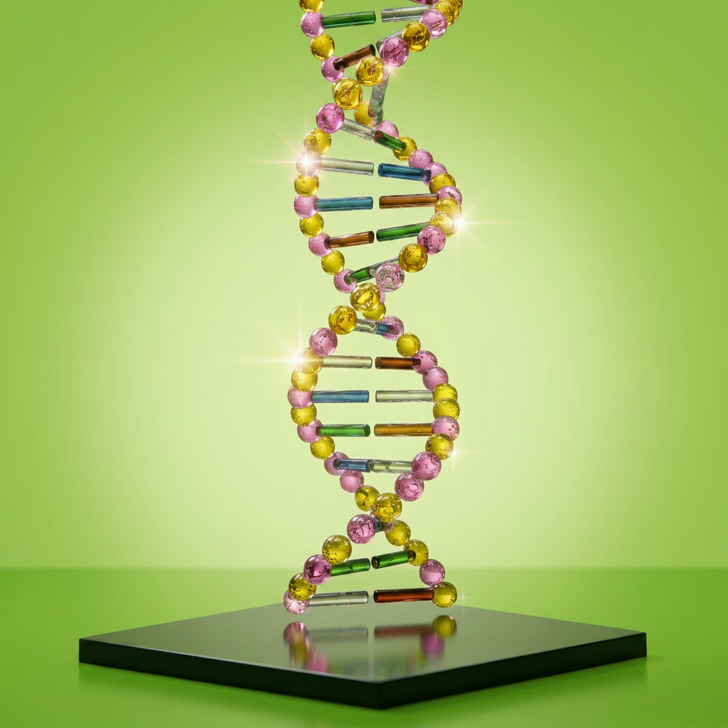 A highly detailed, photographic rendering of a DNA double helix model made from clear and colored glass segments, twisting elegantly in mid-air. The helix floats above a sleek black surface in a minimalist studio environment, with only a faint outline of scientific diagrams softly blurred in the background. A single directional spotlight from the upper left creates dramatic side lighting, casting intricate reflections and subtle rainbow highlights through the glass while leaving gentle shadows on the surface below. The mood is sophisticated, modern, and inspiring, evoking cutting-edge molecular biology. Shot from a low-angle perspective to emphasize scale and importance, with a shallow depth of field that keeps the helix razor-sharp against a dark, velvety background.