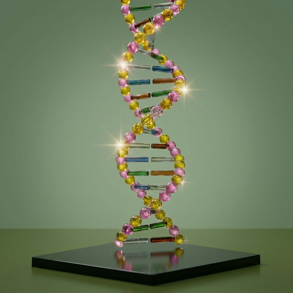 biology A highly detailed, photographic rendering of a DNA double helix model made from clear and colored glass segments, twisting elegantly in mid-air. The helix floats above a sleek black surface in a minimalist studio environment, with only a faint outline of scientific diagrams softly blurred in the background. A single directional spotlight from the upper left creates dramatic side lighting, casting intricate reflections and subtle rainbow highlights through the glass while leaving gentle shadows on the surface below. The mood is sophisticated, modern, and inspiring, evoking cutting-edge molecular biology. Shot from a low-angle perspective to emphasize scale and importance, with a shallow depth of field that keeps the helix razor-sharp against a dark, velvety background.